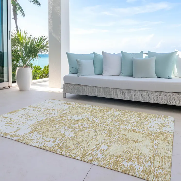 9' X 12' Gold And Ivory Abstract Washable Indoor Outdoor Area Rug