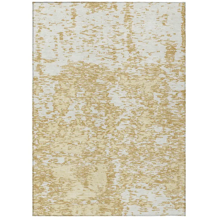 9' X 12' Gold And Ivory Abstract Washable Indoor Outdoor Area Rug