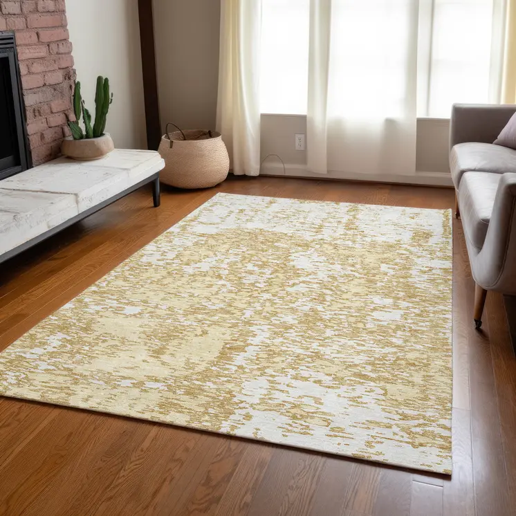9' X 12' Gold And Ivory Abstract Washable Indoor Outdoor Area Rug
