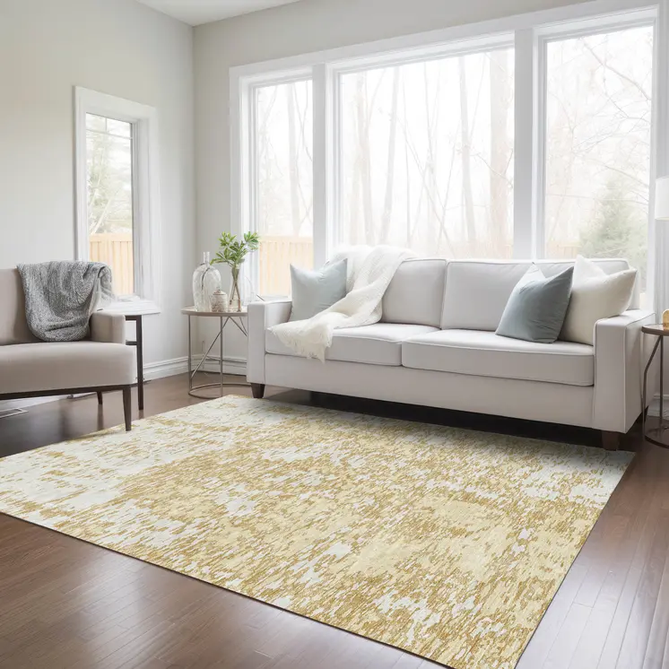 9' X 12' Gold And Ivory Abstract Washable Indoor Outdoor Area Rug