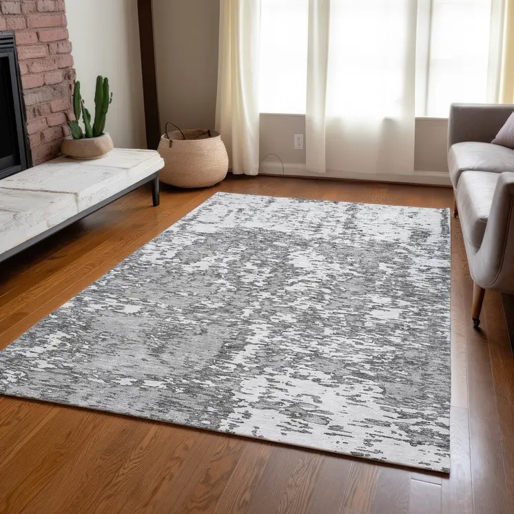 8' X 10' Gray And Ivory Abstract Washable Indoor Outdoor Area Rug