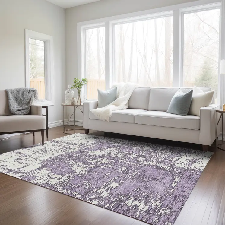 9' X 12' Lavender And Ivory Abstract Washable Indoor Outdoor Area Rug