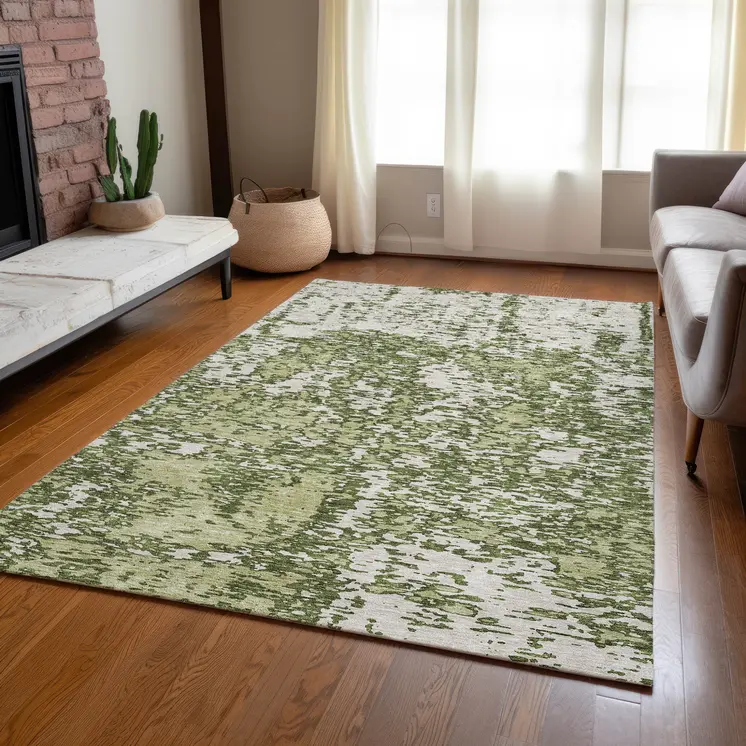3' X 5' Olive Green And Ivory Abstract Washable Indoor Outdoor Area Rug