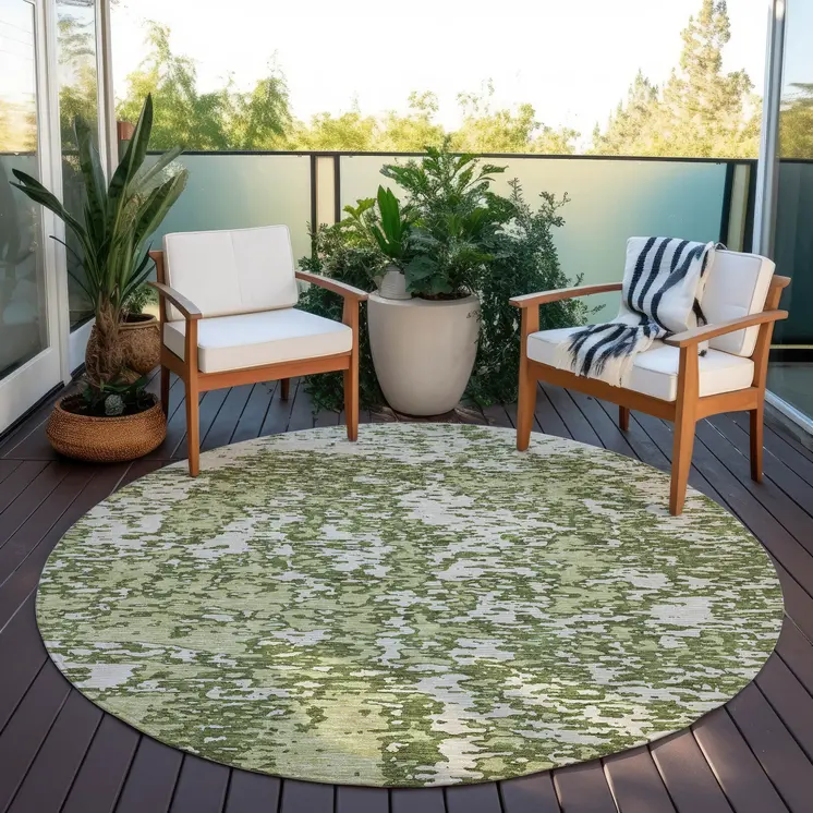8' Olive Green And Ivory Round Abstract Washable Indoor Outdoor Area Rug