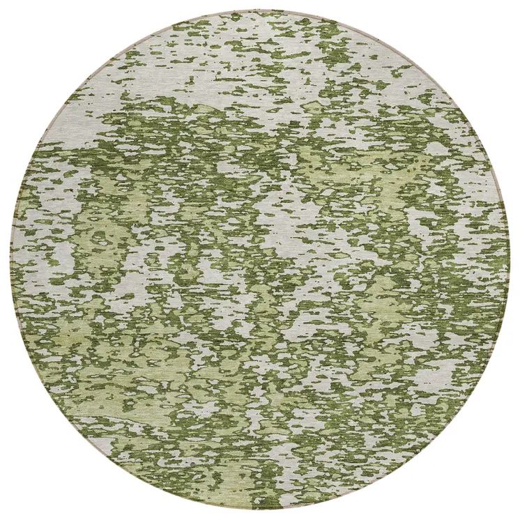 8' Olive Green And Ivory Round Abstract Washable Indoor Outdoor Area Rug