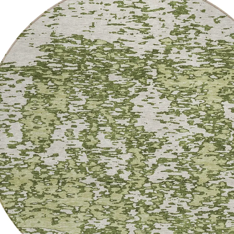 8' Olive Green And Ivory Round Abstract Washable Indoor Outdoor Area Rug