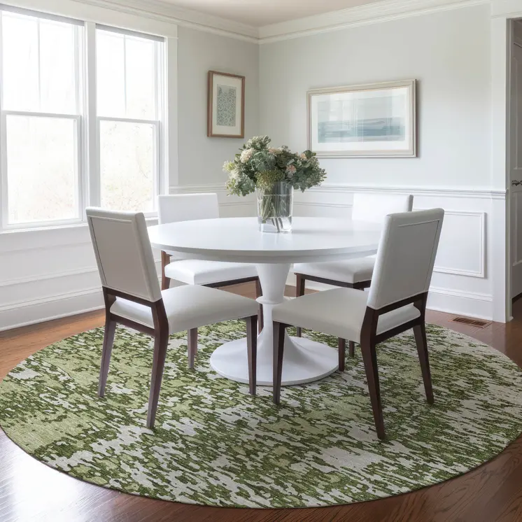 8' Olive Green And Ivory Round Abstract Washable Indoor Outdoor Area Rug