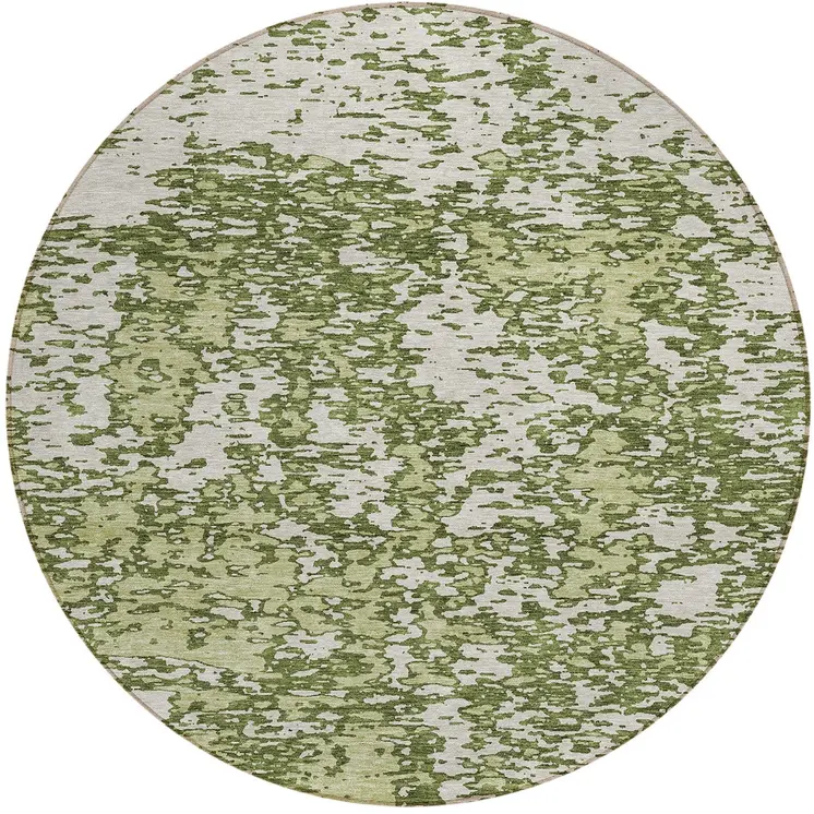 8' Olive Green And Ivory Round Abstract Washable Indoor Outdoor Area Rug