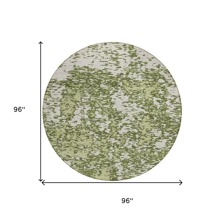 8' Olive Green And Ivory Round Abstract Washable Indoor Outdoor Area Rug