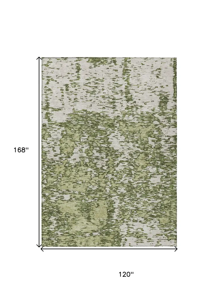 10' X 14' Olive Green And Ivory Abstract Washable Indoor Outdoor Area Rug