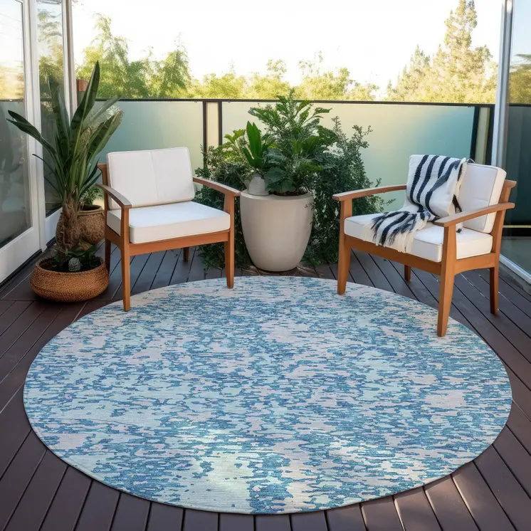 8' Teal Blue And Ivory Round Abstract Washable Indoor Outdoor Area Rug