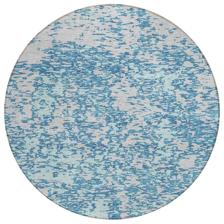 8' Teal Blue And Ivory Round Abstract Washable Indoor Outdoor Area Rug
