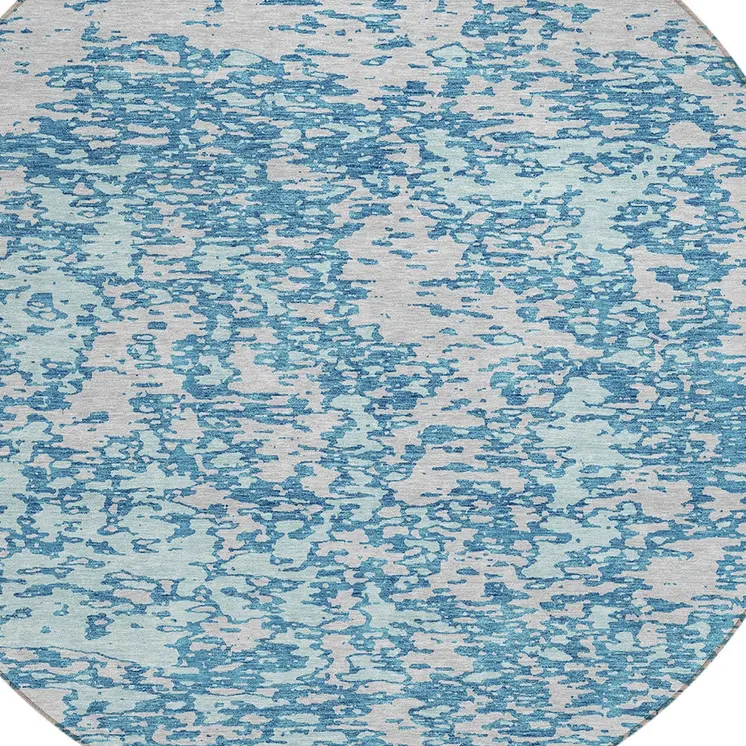 8' Teal Blue And Ivory Round Abstract Washable Indoor Outdoor Area Rug
