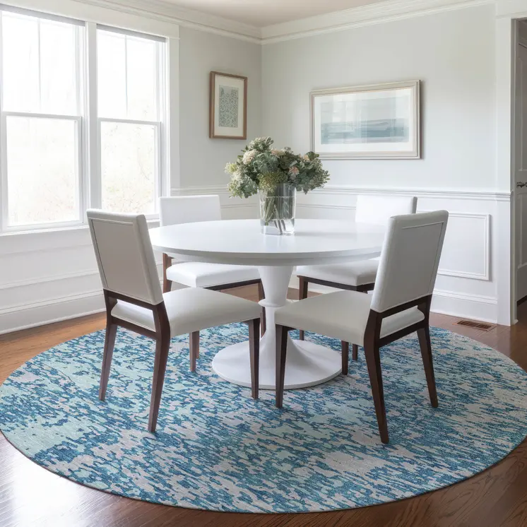 8' Teal Blue And Ivory Round Abstract Washable Indoor Outdoor Area Rug
