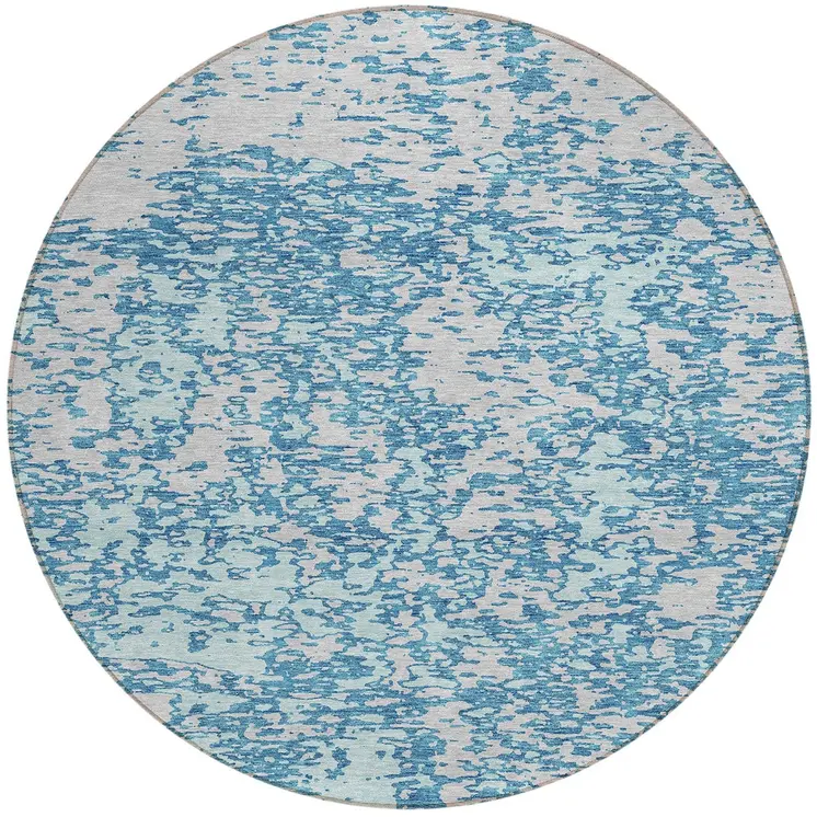 8' Teal Blue And Ivory Round Abstract Washable Indoor Outdoor Area Rug