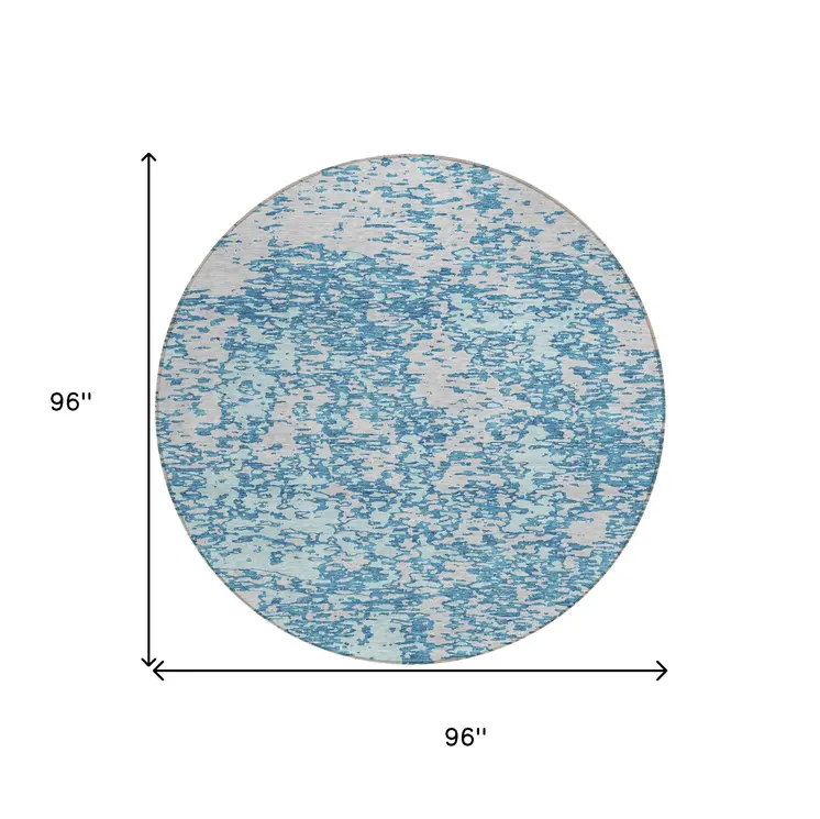 8' Teal Blue And Ivory Round Abstract Washable Indoor Outdoor Area Rug