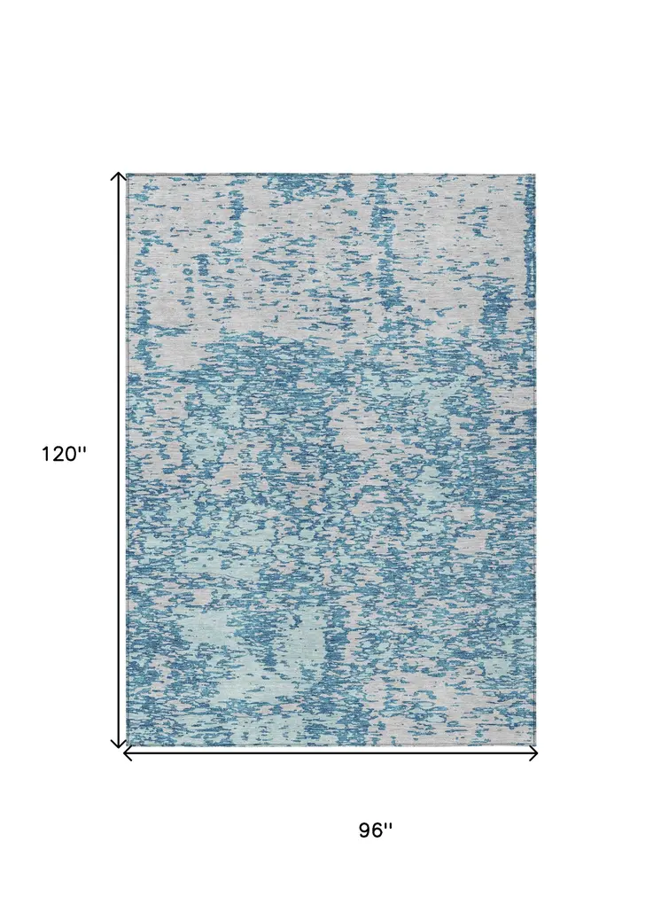 8' X 10' Teal Blue And Ivory Abstract Washable Indoor Outdoor Area Rug