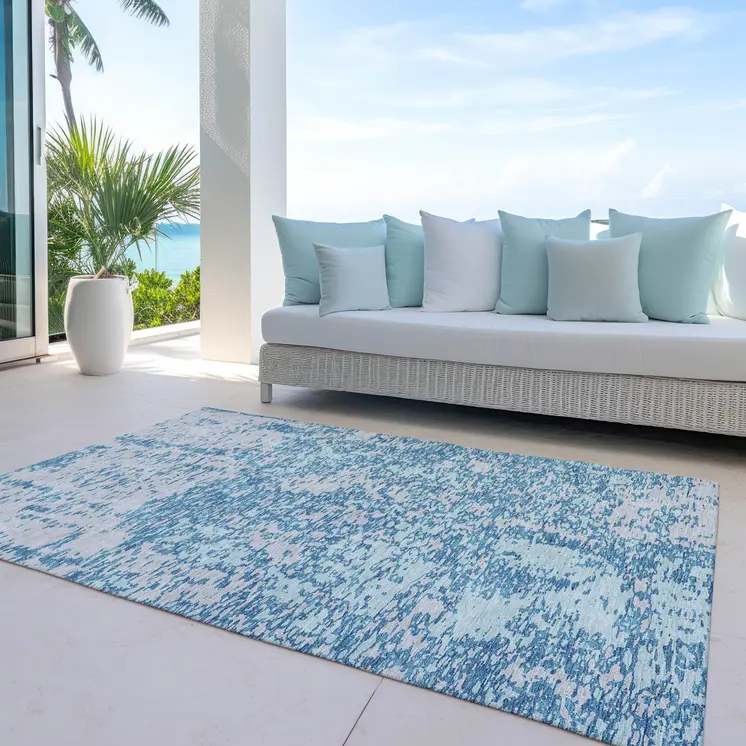 8' X 10' Teal Blue And Ivory Abstract Washable Indoor Outdoor Area Rug