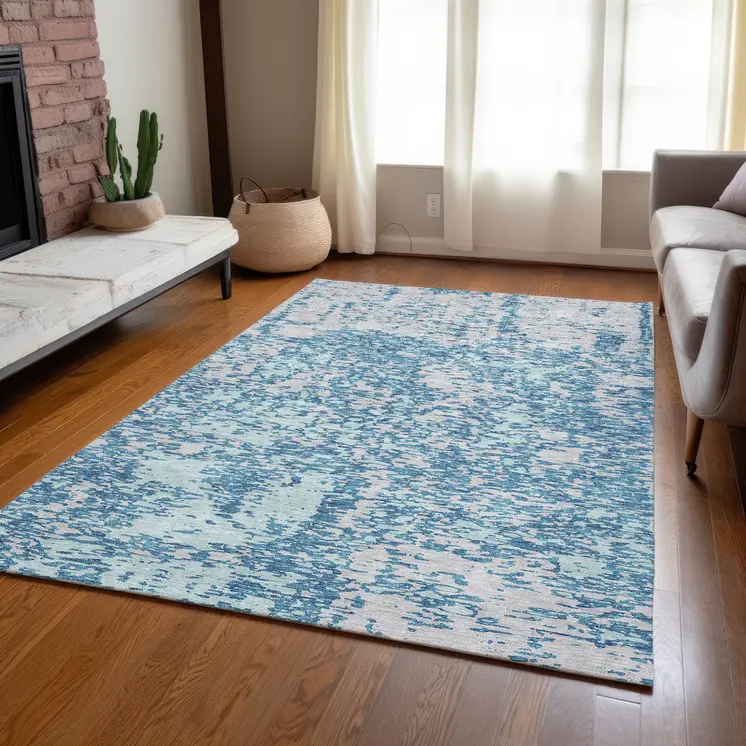 8' X 10' Teal Blue And Ivory Abstract Washable Indoor Outdoor Area Rug