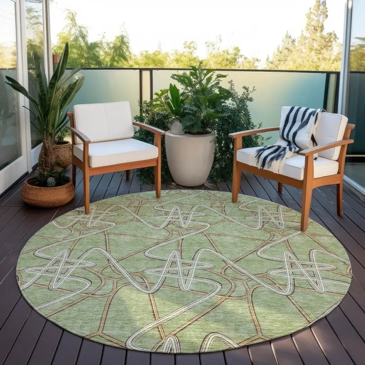 8' Sage Ivory And Brown Round Geometric Washable Indoor Outdoor Area Rug