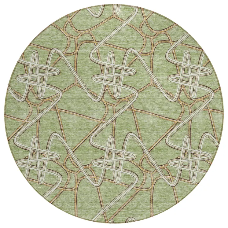 8' Sage Ivory And Brown Round Geometric Washable Indoor Outdoor Area Rug