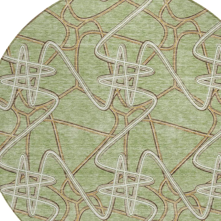8' Sage Ivory And Brown Round Geometric Washable Indoor Outdoor Area Rug