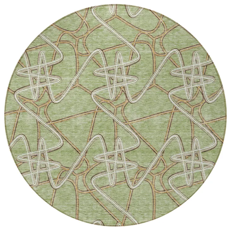 8' Sage Ivory And Brown Round Geometric Washable Indoor Outdoor Area Rug