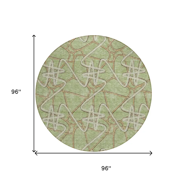8' Sage Ivory And Brown Round Geometric Washable Indoor Outdoor Area Rug