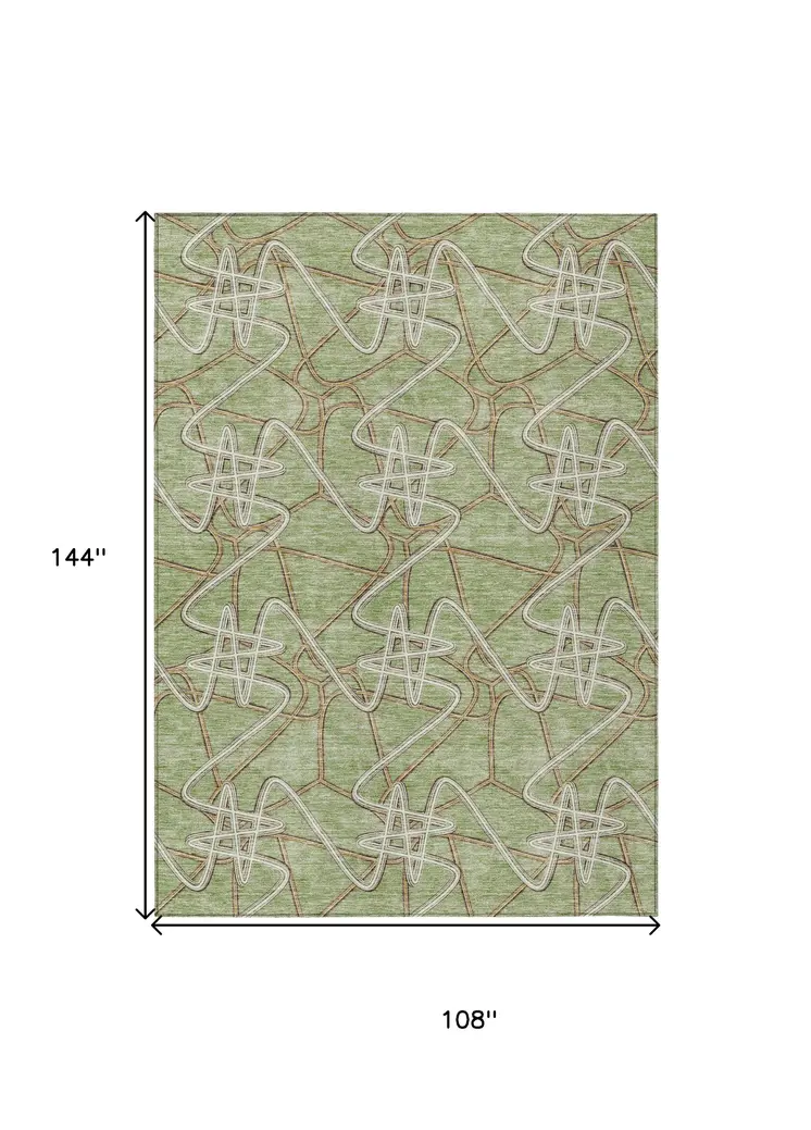 9' X 12' Sage Ivory And Brown Geometric Washable Indoor Outdoor Area Rug