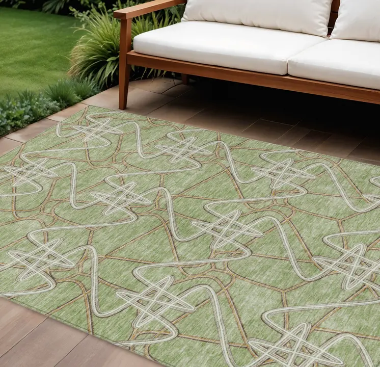 9' X 12' Sage Ivory And Brown Geometric Washable Indoor Outdoor Area Rug