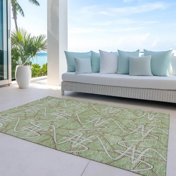 9' X 12' Sage Ivory And Brown Geometric Washable Indoor Outdoor Area Rug