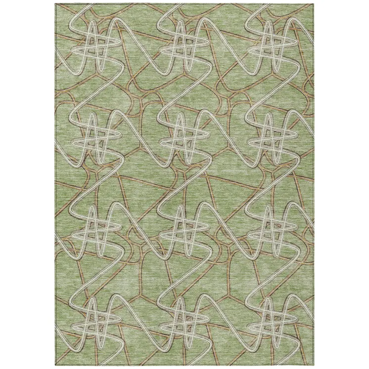 9' X 12' Sage Ivory And Brown Geometric Washable Indoor Outdoor Area Rug