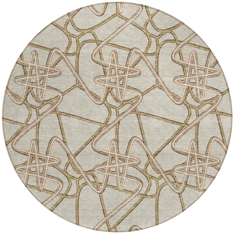 8' Beige Ivory And Brown Round Geometric Washable Indoor Outdoor Area Rug