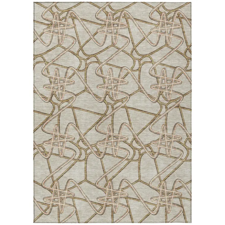 9' X 12' Beige Ivory And Brown Geometric Washable Indoor Outdoor Area Rug