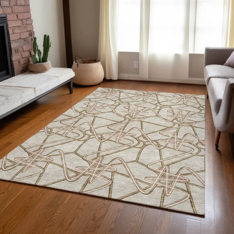 9' X 12' Beige Ivory And Brown Geometric Washable Indoor Outdoor Area Rug