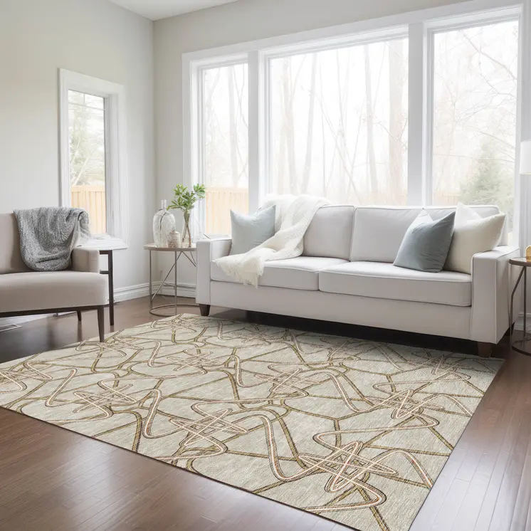 9' X 12' Beige Ivory And Brown Geometric Washable Indoor Outdoor Area Rug