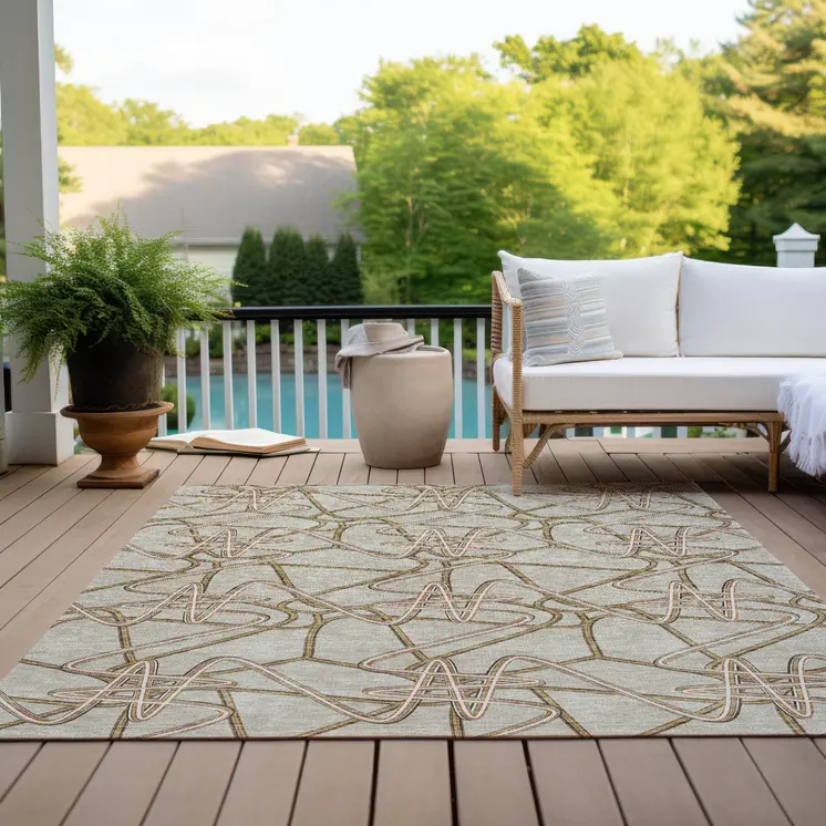 9' X 12' Beige Ivory And Brown Geometric Washable Indoor Outdoor Area Rug