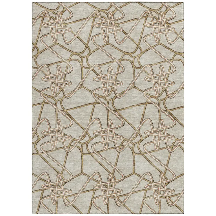 10' X 14' Beige Ivory And Brown Geometric Washable Indoor Outdoor Area Rug