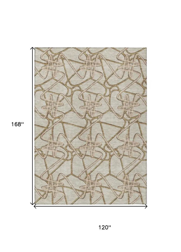 10' X 14' Beige Ivory And Brown Geometric Washable Indoor Outdoor Area Rug