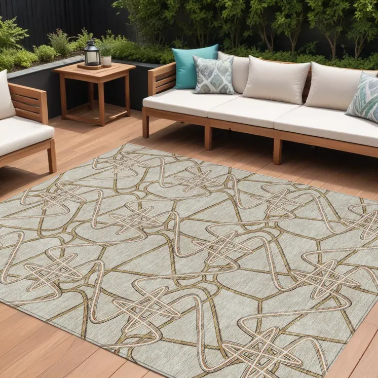 10' X 14' Beige Ivory And Brown Geometric Washable Indoor Outdoor Area Rug