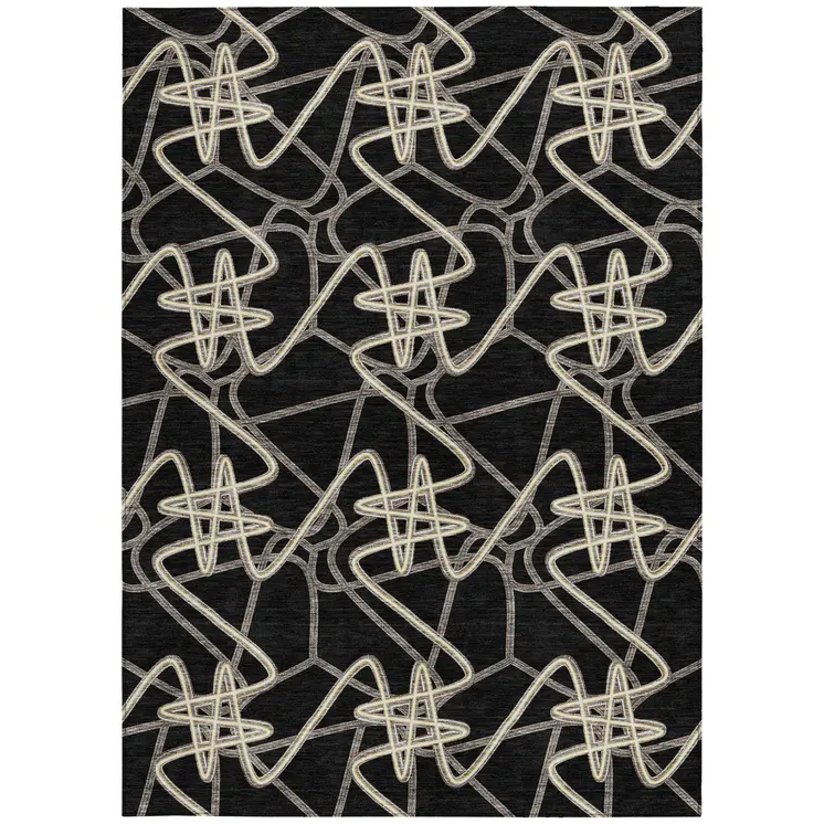 9' X 12' Black Ivory And Brown Geometric Washable Indoor Outdoor Area Rug
