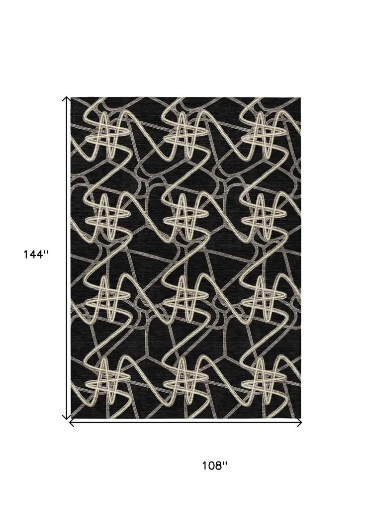 9' X 12' Black Ivory And Brown Geometric Washable Indoor Outdoor Area Rug