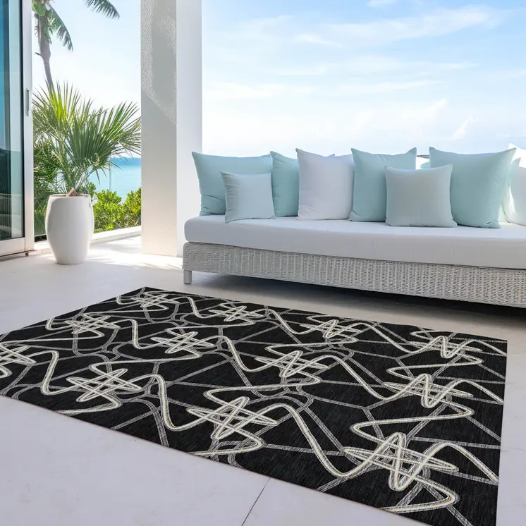 9' X 12' Black Ivory And Brown Geometric Washable Indoor Outdoor Area Rug