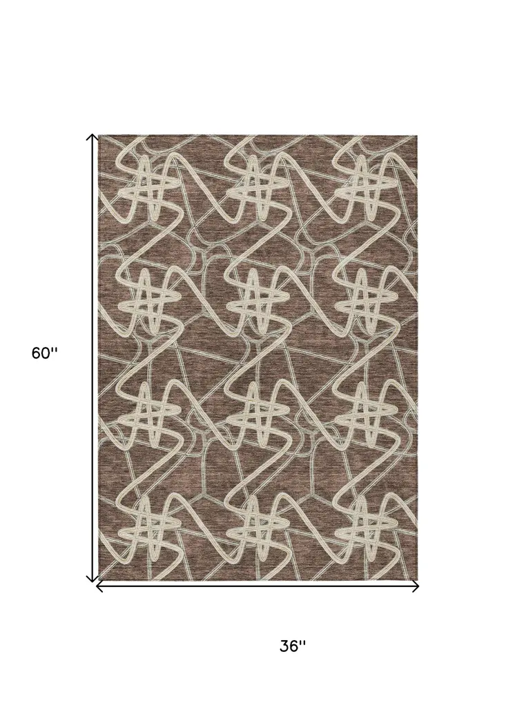 3' X 5' Brown Ivory And Gold Geometric Washable Indoor Outdoor Area Rug