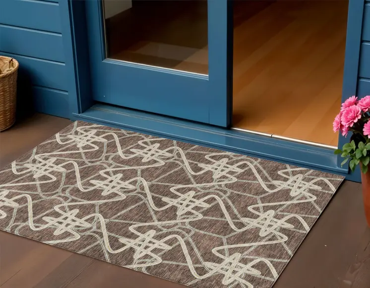 3' X 5' Brown Ivory And Gold Geometric Washable Indoor Outdoor Area Rug