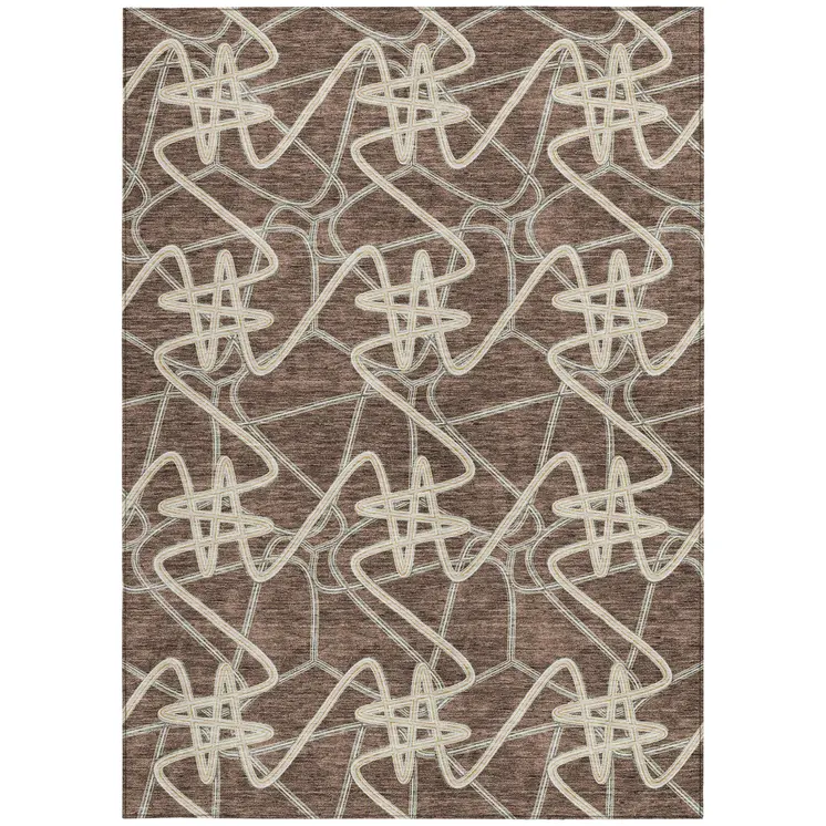 3' X 5' Brown Ivory And Gold Geometric Washable Indoor Outdoor Area Rug