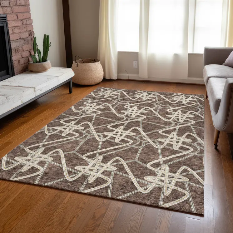 3' X 5' Brown Ivory And Gold Geometric Washable Indoor Outdoor Area Rug