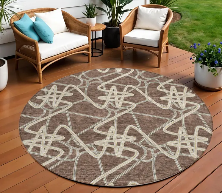 8' Brown Ivory And Gold Round Geometric Washable Indoor Outdoor Area Rug