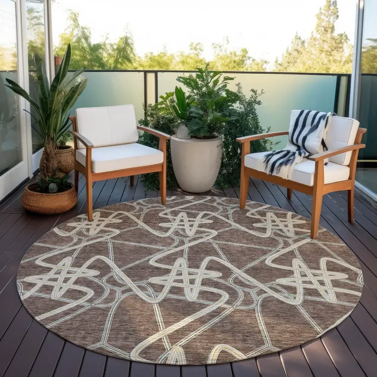 8' Brown Ivory And Gold Round Geometric Washable Indoor Outdoor Area Rug