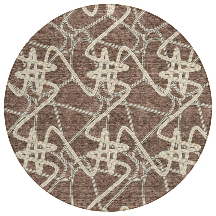 8' Brown Ivory And Gold Round Geometric Washable Indoor Outdoor Area Rug